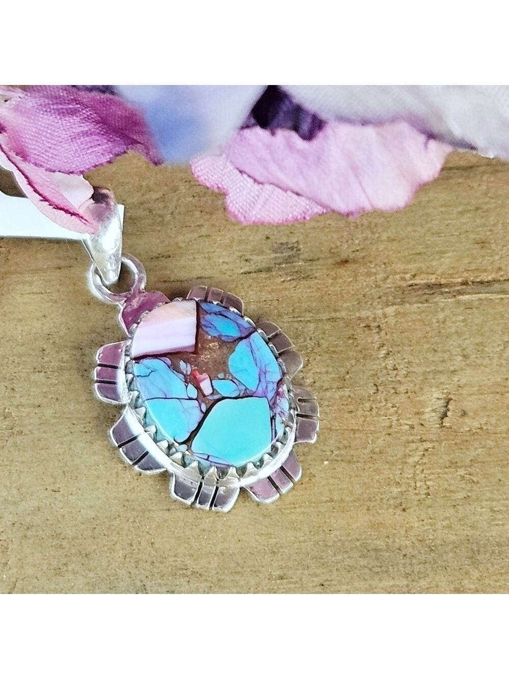 Sterling Silver Spiny Oyster Turquoise Pendant Necklace - Picture 3 of 7